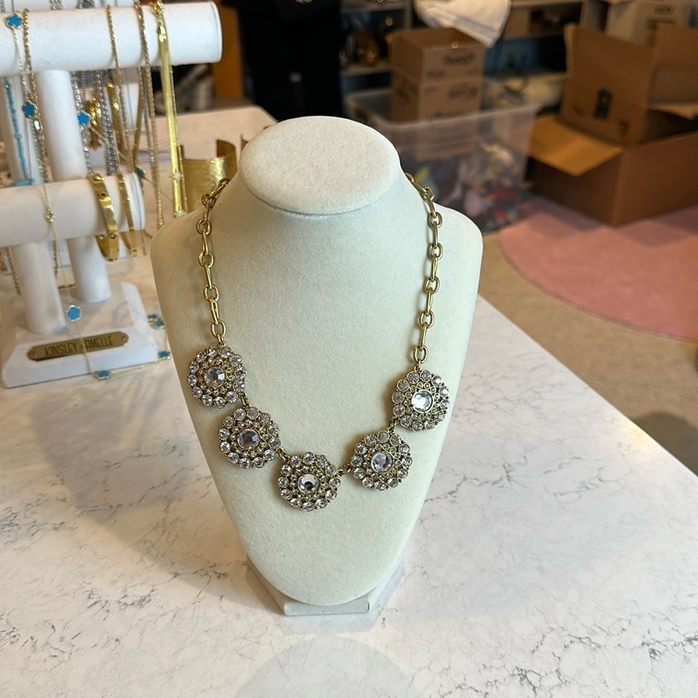J Crew gold tone with round crystal stones costume necklace